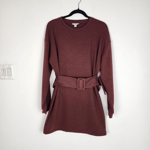 Topshop Brown Cotton Belted Sweatshirt Dress Round Neck Long Sleeve Size 10 - Picture 4 of 11